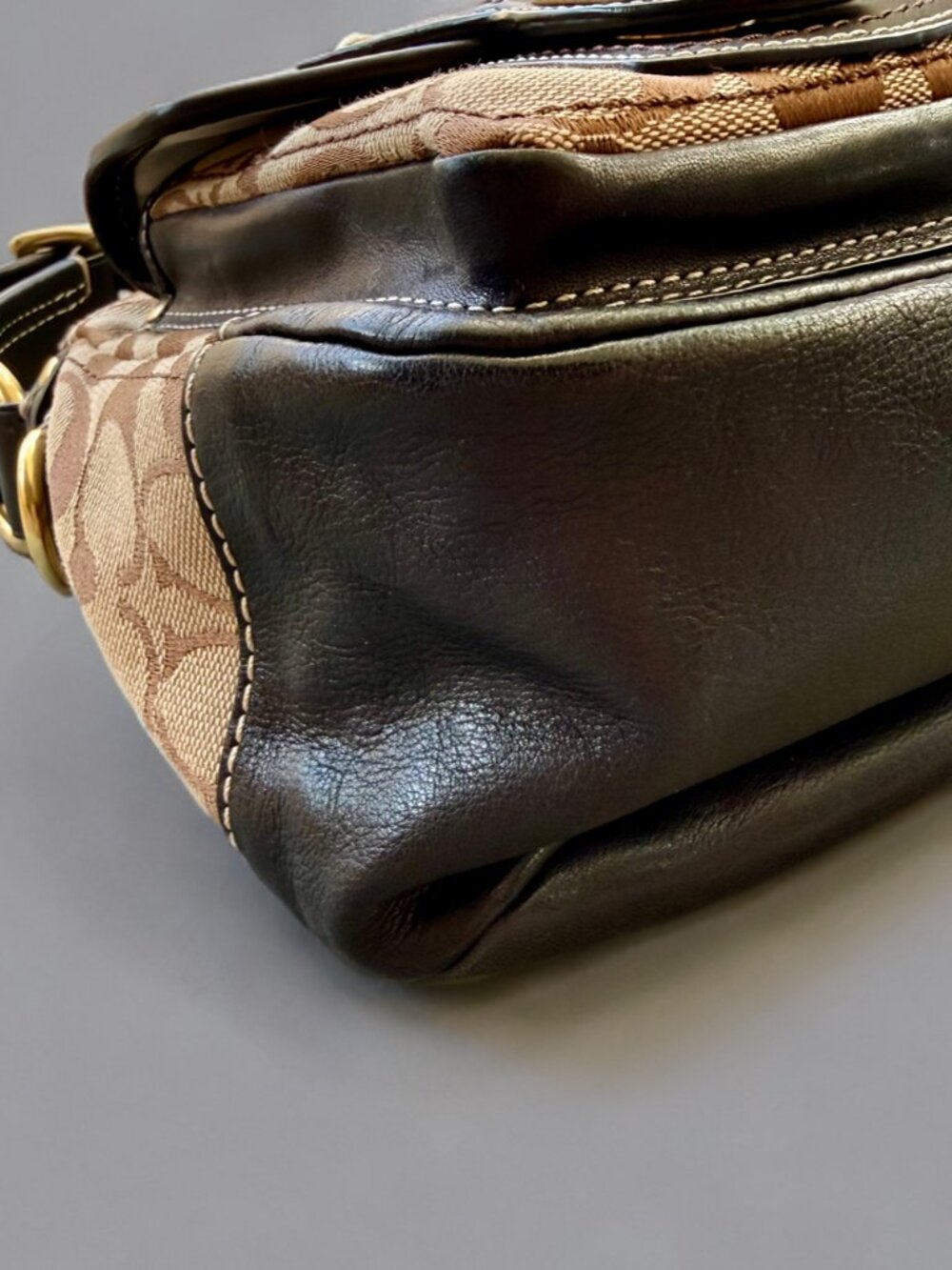 Coach Legacy Tan Signature Black Leather Trim Double Turnlock Satchel Bag 10339 - Picture 5 of 16